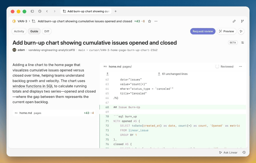 A Linear issue view showing an associated pull request with a Preview button surfaced in the Linear UI