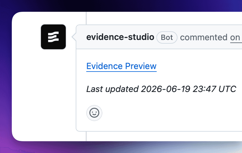 A comment from the evidence-studio bot on a pull request, with an 'Evidence Preview' link and a last-updated timestamp