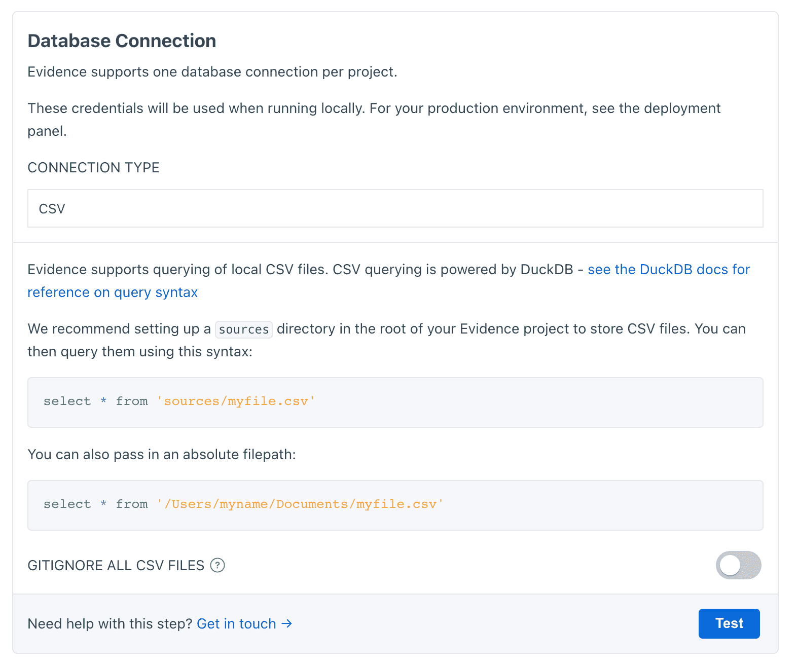 A settings page for our new CSV connector